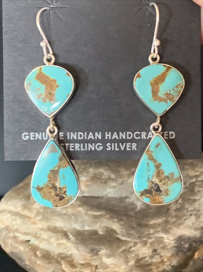 Blue Kingman Turquoise Navajo Sterling Silver Dangle Earrings 14075
