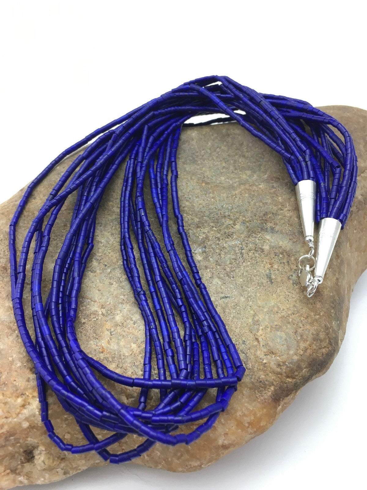 Stabilized Lapis Lazuli 10 Strand Sterling Silver Tube Heishi Necklace 24" 13422