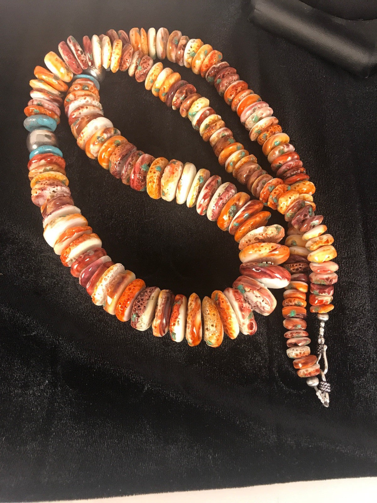 Mens Turquoise & Spiny Oyster Navajo Sterling Silver Beads Necklace 32" 08419