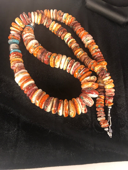 Mens Turquoise & Spiny Oyster Navajo Sterling Silver Beads Necklace 32" 08419