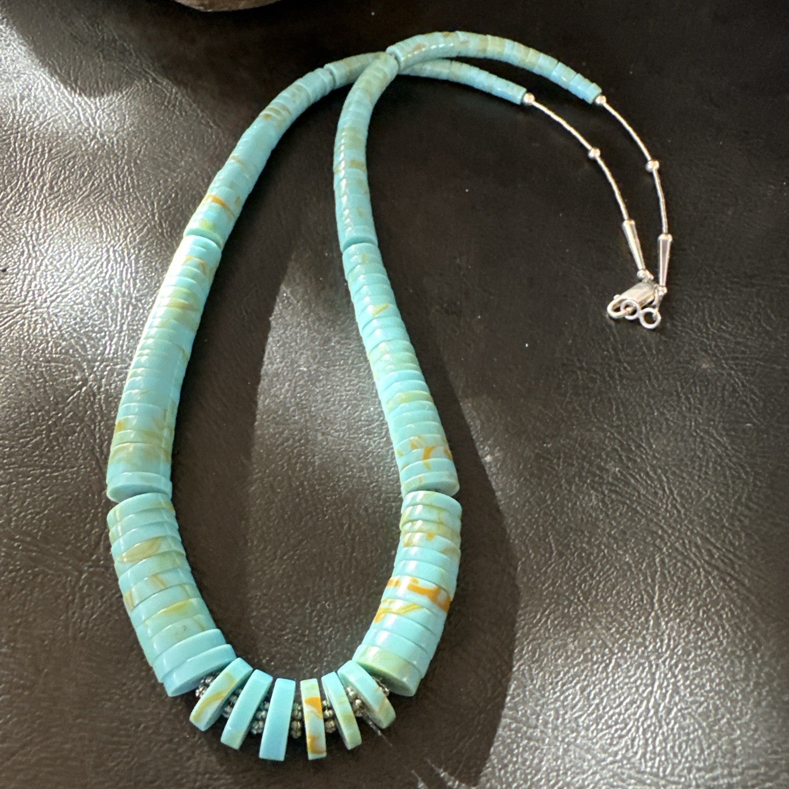 23” Turquoise Heishi Stabilized Graduated Blue Gr Sterling Silver Necklace 19726