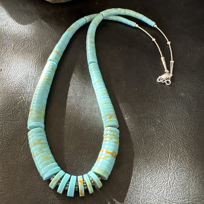 23” Turquoise Heishi Stabilized Graduated Blue Gr Sterling Silver Necklace 19726