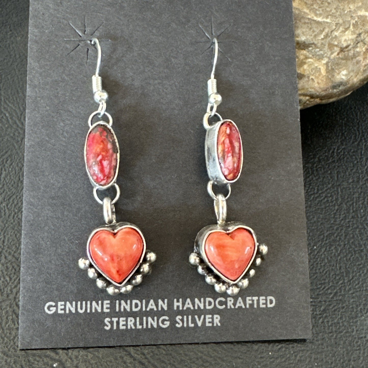 Yazzie Red Heart Spiny Oyster Navajo Sterling Silver Dangle Earrings 19797