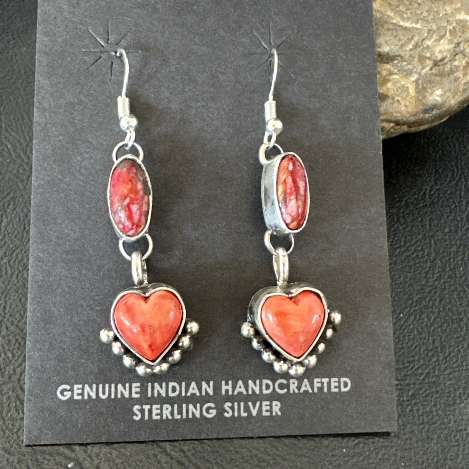 Yazzie Red Heart Spiny Oyster Navajo Sterling Silver Dangle Earrings 19797