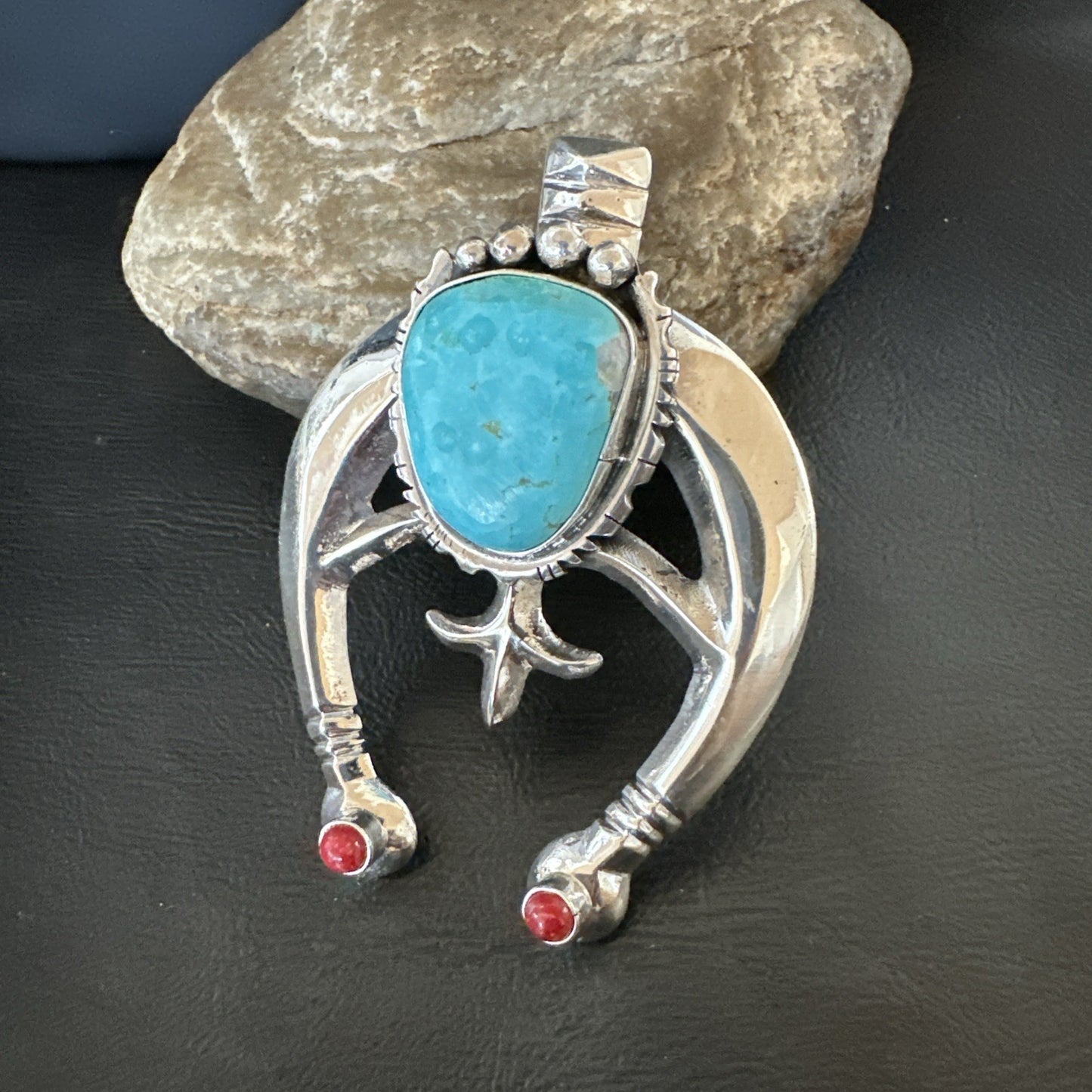 Tufa Cast Navajo Sterling Silver Blue Kingman Turquoise Coral Naja Pendant 19355