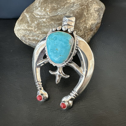 Tufa Cast Navajo Sterling Silver Blue Kingman Turquoise Coral Naja Pendant 19355