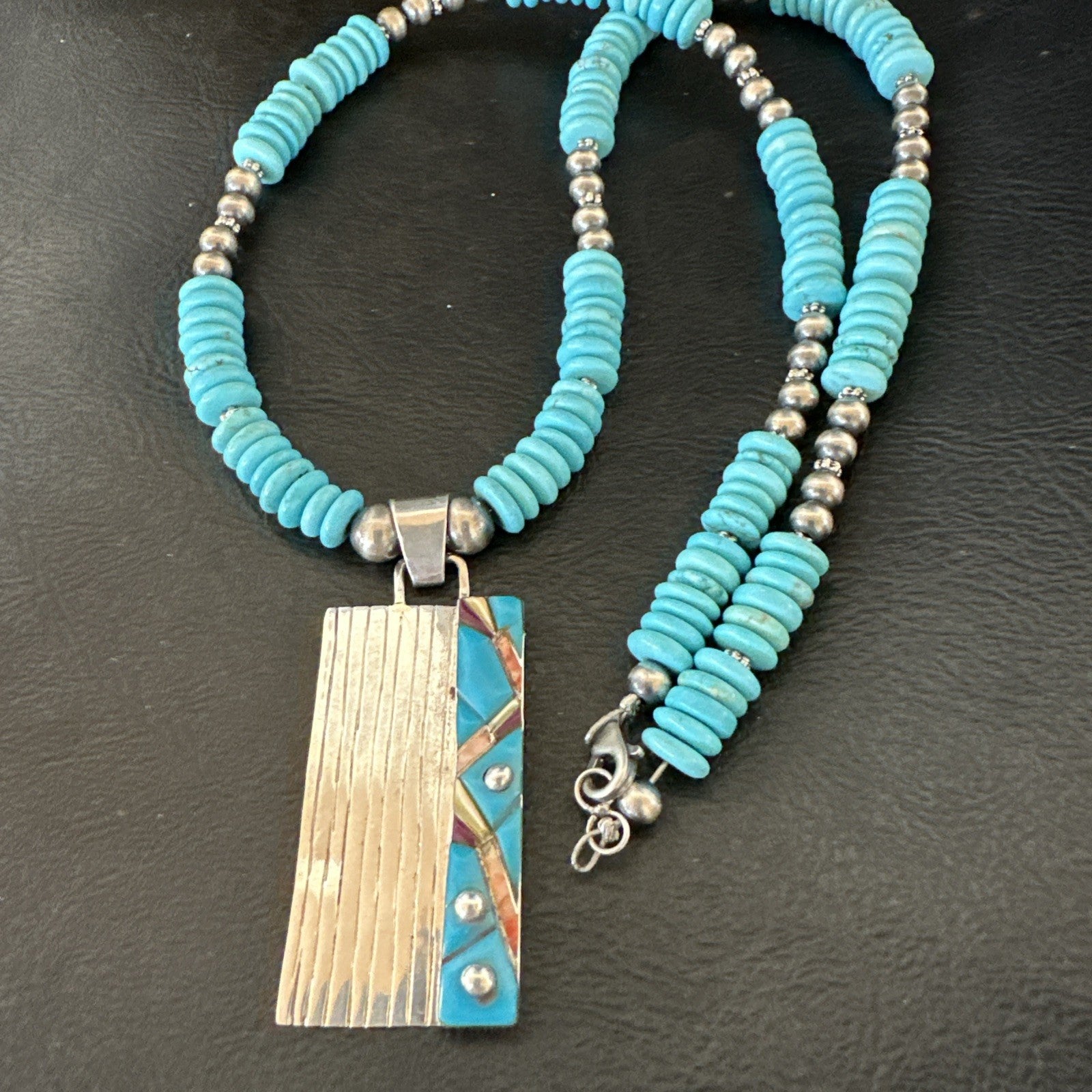 Blue Turquoise Inlay Pendant Navajo Sterling Silver Necklace 20" 19711