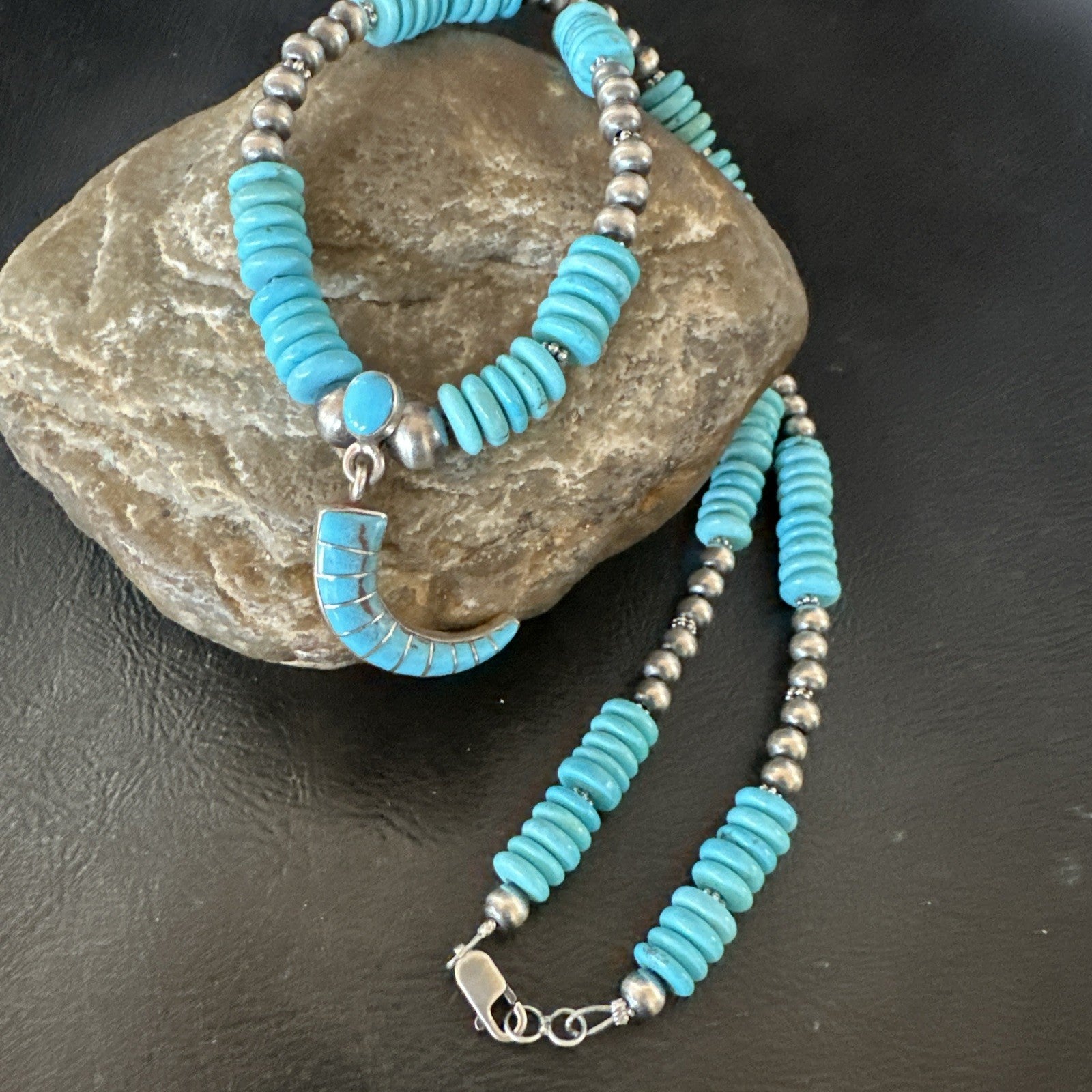 Blue Turquoise Inlay Pendant Navajo Sterling Silver Necklace 19515