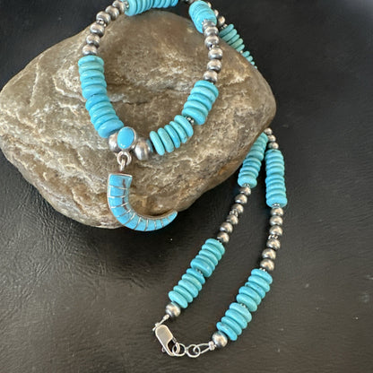 Blue Turquoise Inlay Pendant Navajo Sterling Silver Necklace 19515