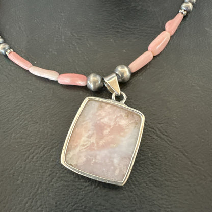 Southwestern Sterling Silver Pink Coral Bead Necklace Quartz Pendant 24" 19591