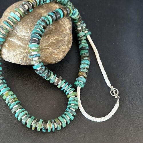 Native Navajo Turquoise Shell Heishi Bead Necklace Sterling 32" 15529