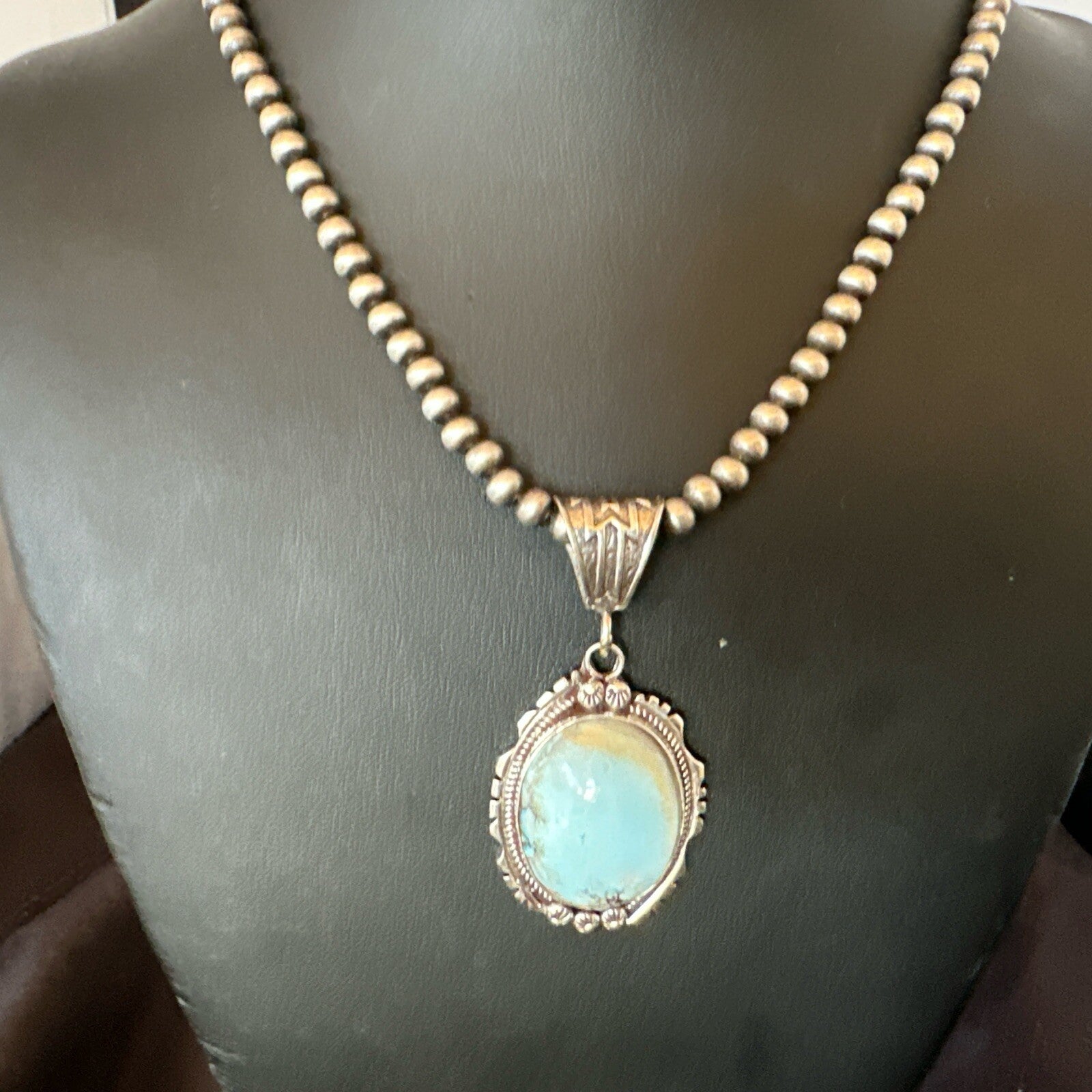 Mens Blue Dry Creek Turquoise Pendant Navajo Pearls Sterling Necklace 18681