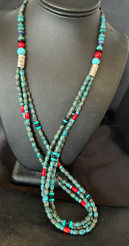 Mens Blue Spiderweb Turquoise Tube 3S Navajo Sterling Silver Necklace 30” 17886