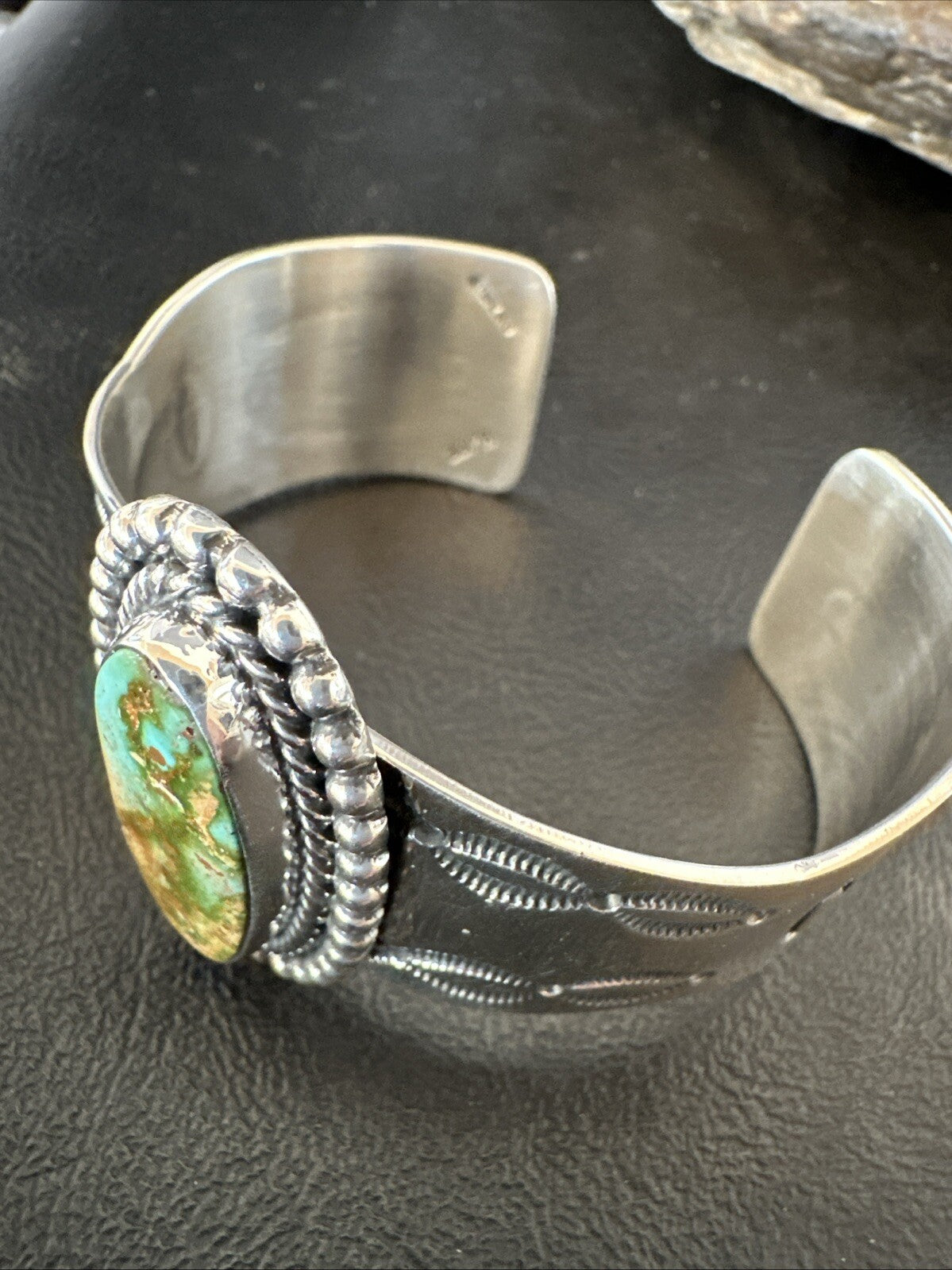 Navajo Green Royston TURQUOISE Stamped Sterling Silver Cuff Bracelet 18642