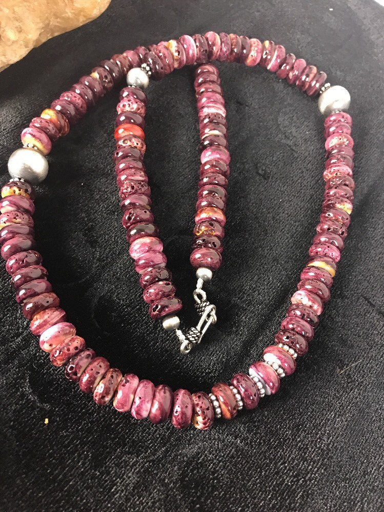 Purple Spiny Oyster 10 mm Bead Navajo Sterling Silver Beads Necklace 00409