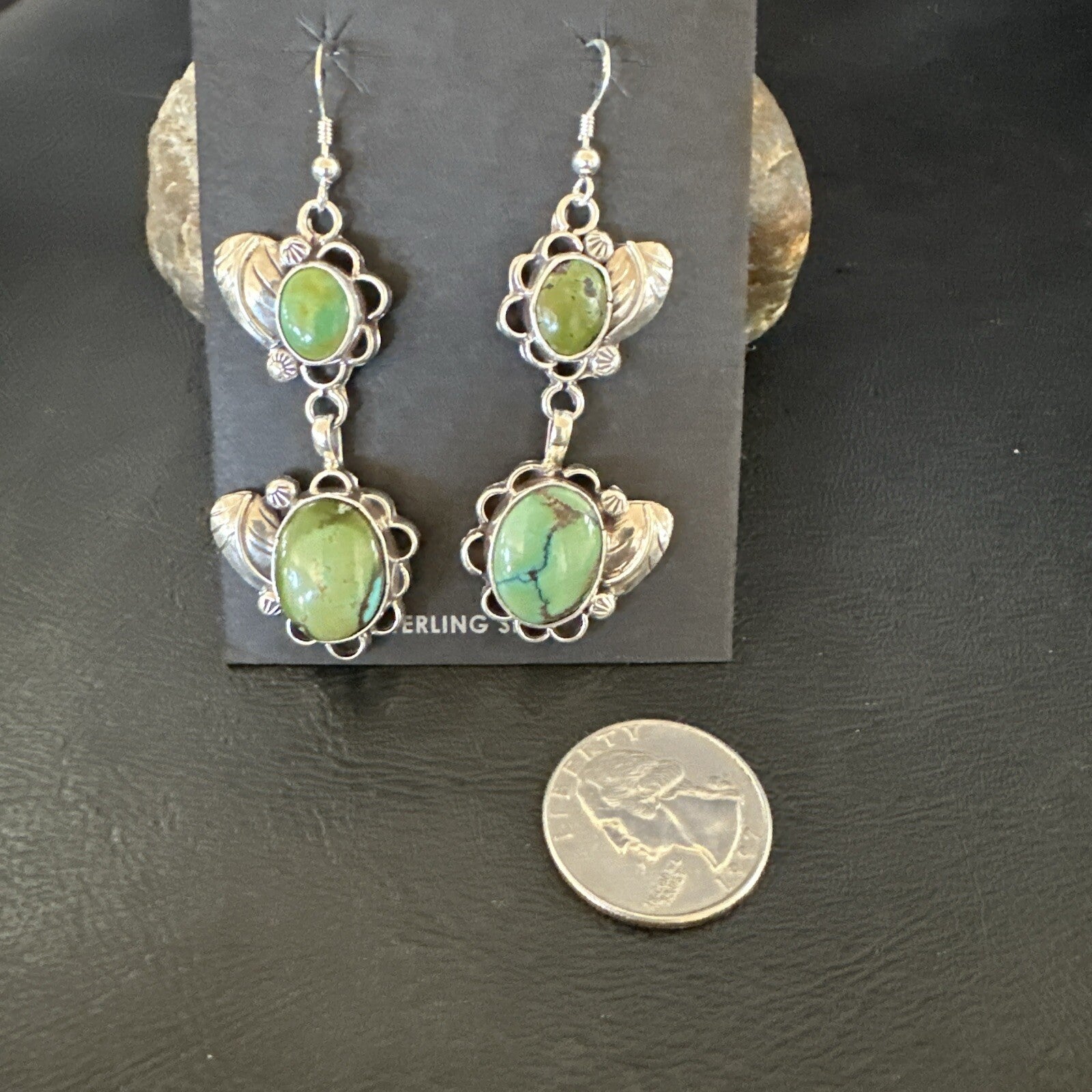 Native Navajo Green Turquoise Sterling Silver Dangle Earrings 2” 17693