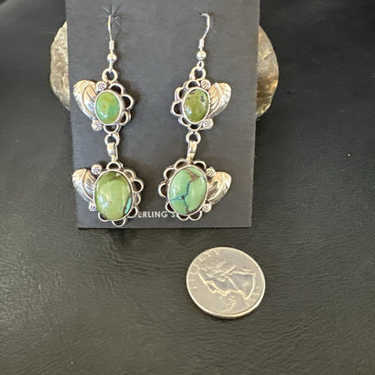Native Navajo Green Turquoise Sterling Silver Dangle Earrings 2” 17693