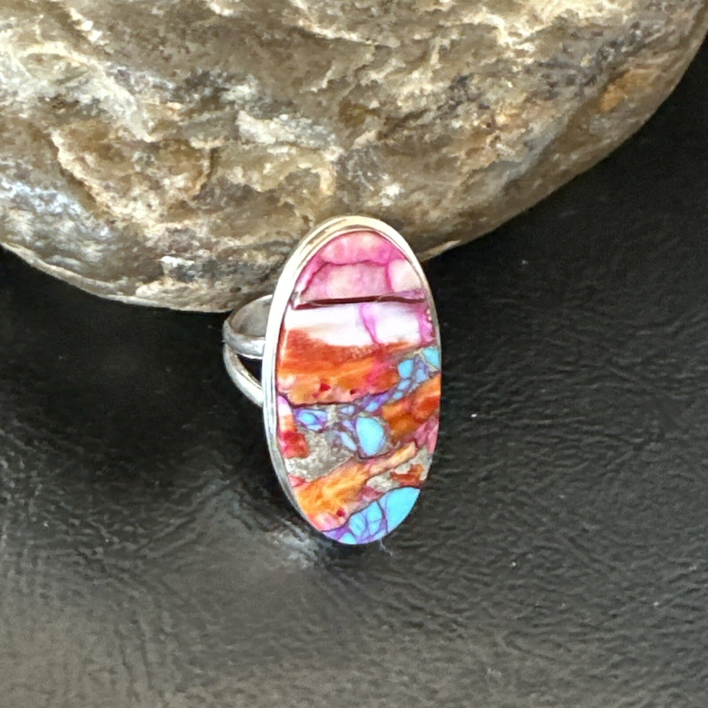 Blue Turquoise Orange Spiny Oyster Navajo Sterling Silver Ring Size 7 18212