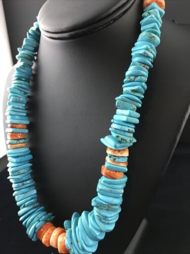 Navajo Sterling Silver Blue Turquoise Spiny Oyster 23" Necklace 16902