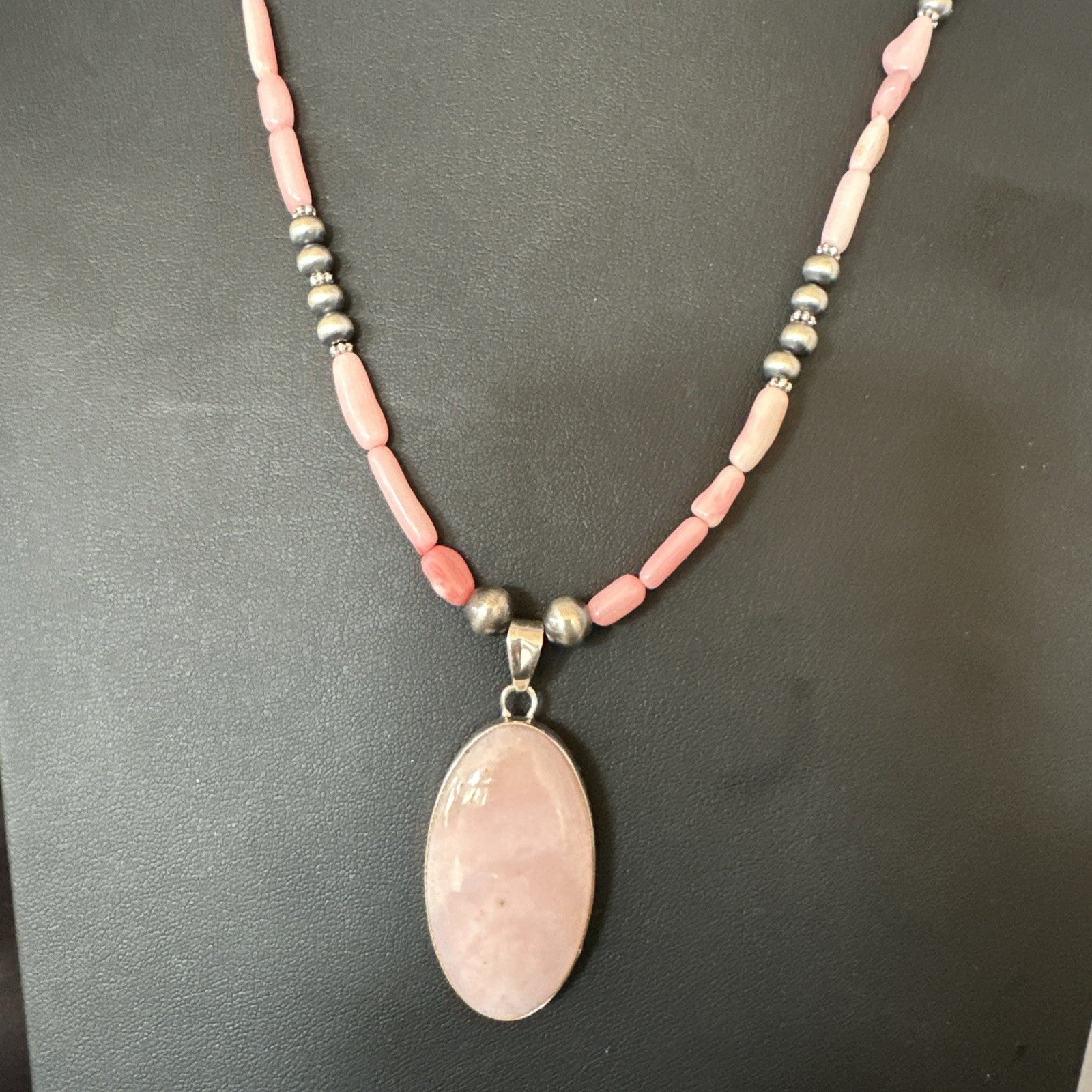 Southwestern Sterling Silver Pink Coral Bead Necklace Quartz Pendant 24" 19586