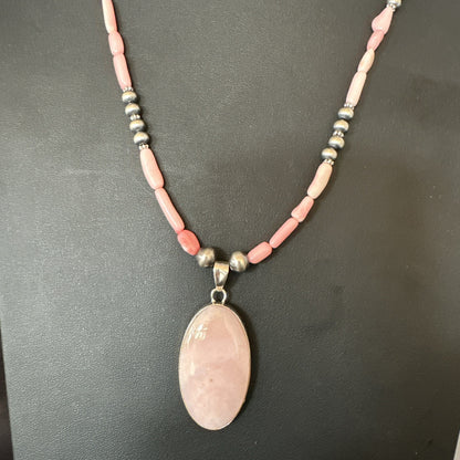 Southwestern Sterling Silver Pink Coral Bead Necklace Quartz Pendant 24" 19586