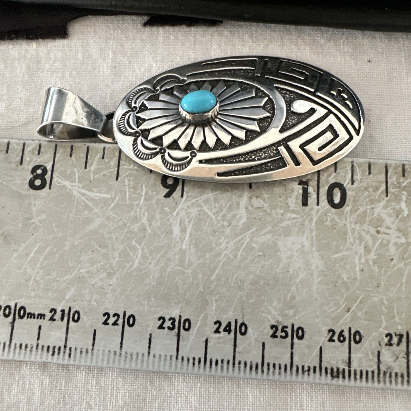 Hopi Native American Turquoise Pendant  Stamped Sterling Silver 2.5” 19686