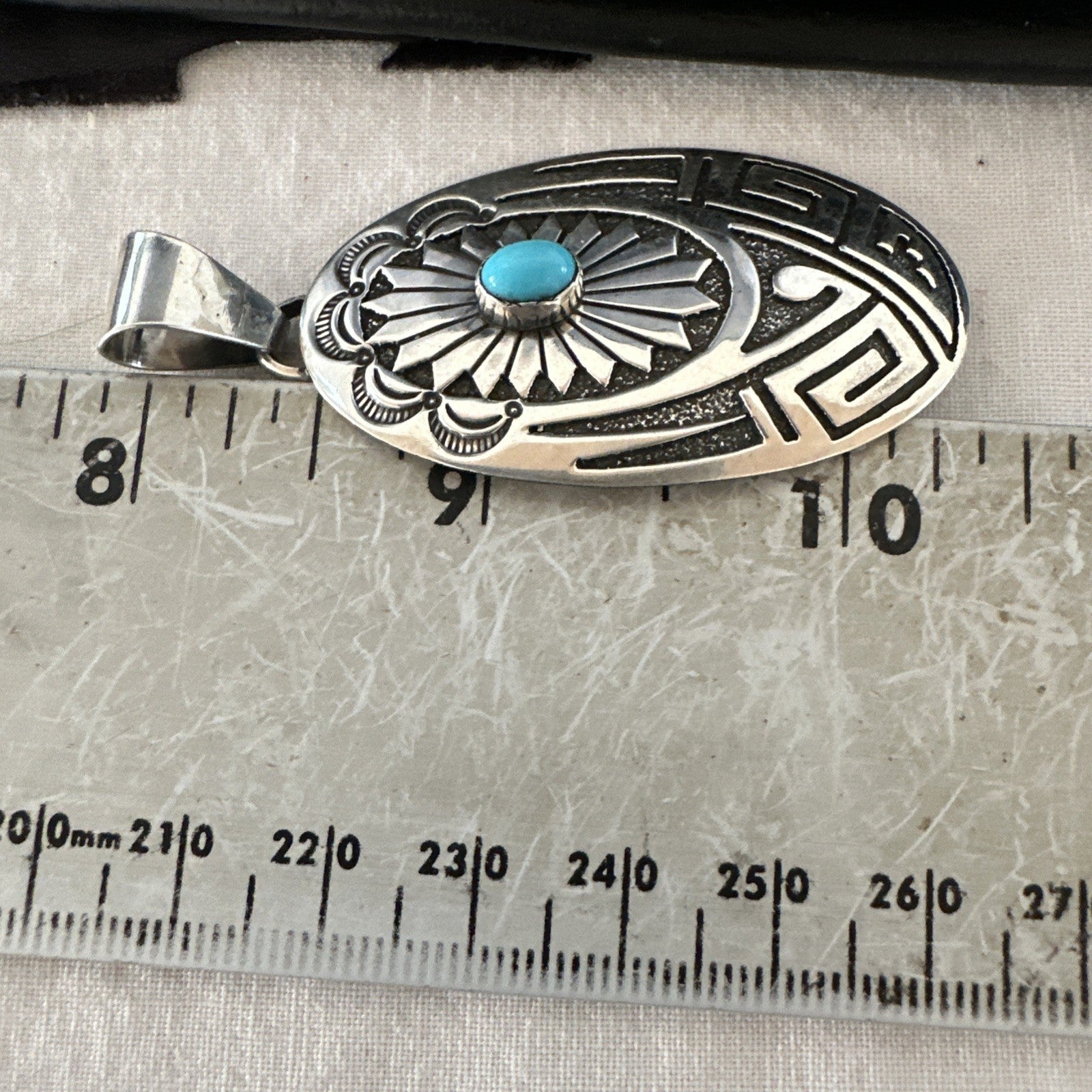 Hopi Native American Turquoise Pendant  Stamped Sterling Silver 2.5” 19686