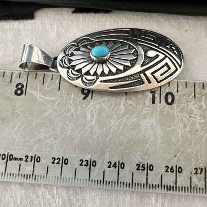 Hopi Native American Turquoise Pendant  Stamped Sterling Silver 2.5” 19686