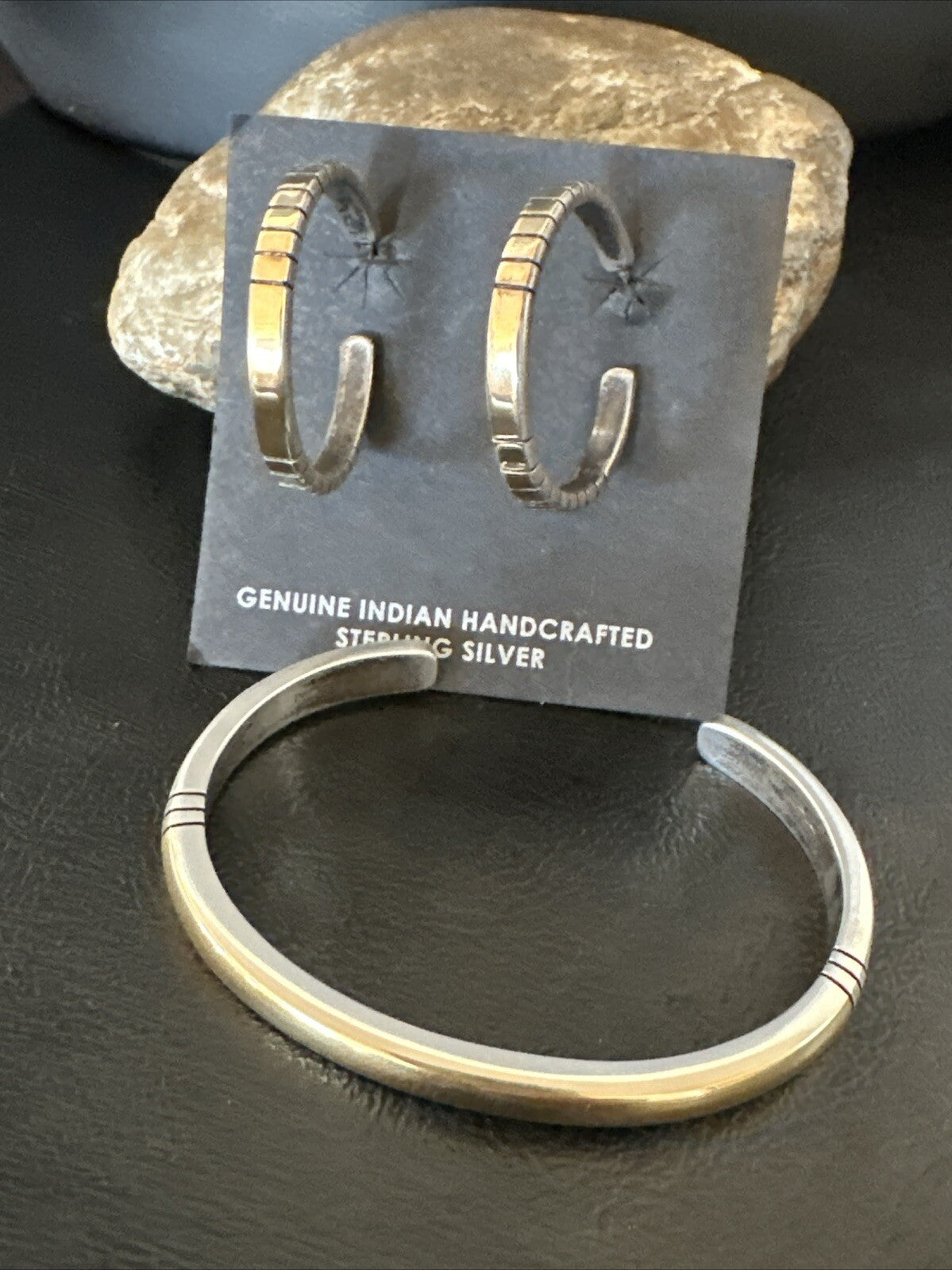 WoMens Navajo Sterling Silver 14K Gold Cuff Bracelet Earrings 18199