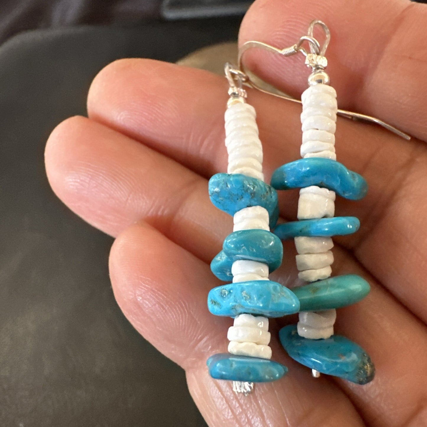 Navajo Blue Kingman Turquoise Nugget Bead Sterling Silver Earrings 17845