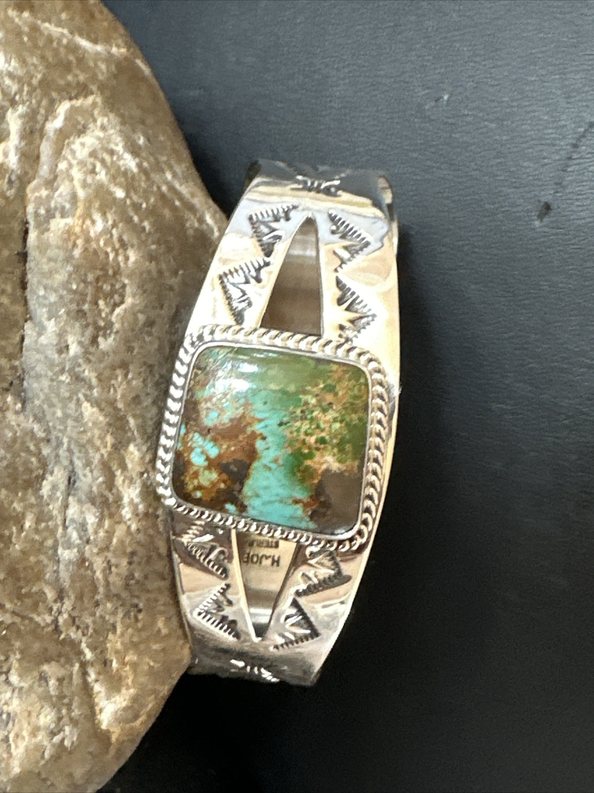 Green Royston Turquoise Navajo Sterling Silver Cuff Bracelet 17856
