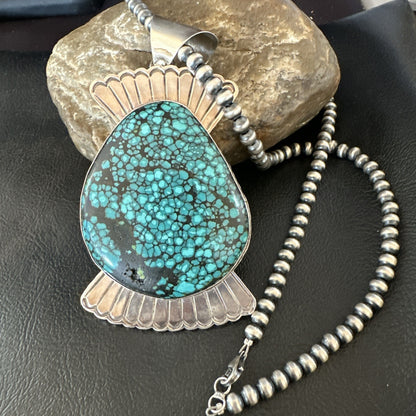 WoMens Blue Spiderweb Turquoise Pendant Navajo Sterling Silver Necklace 19299