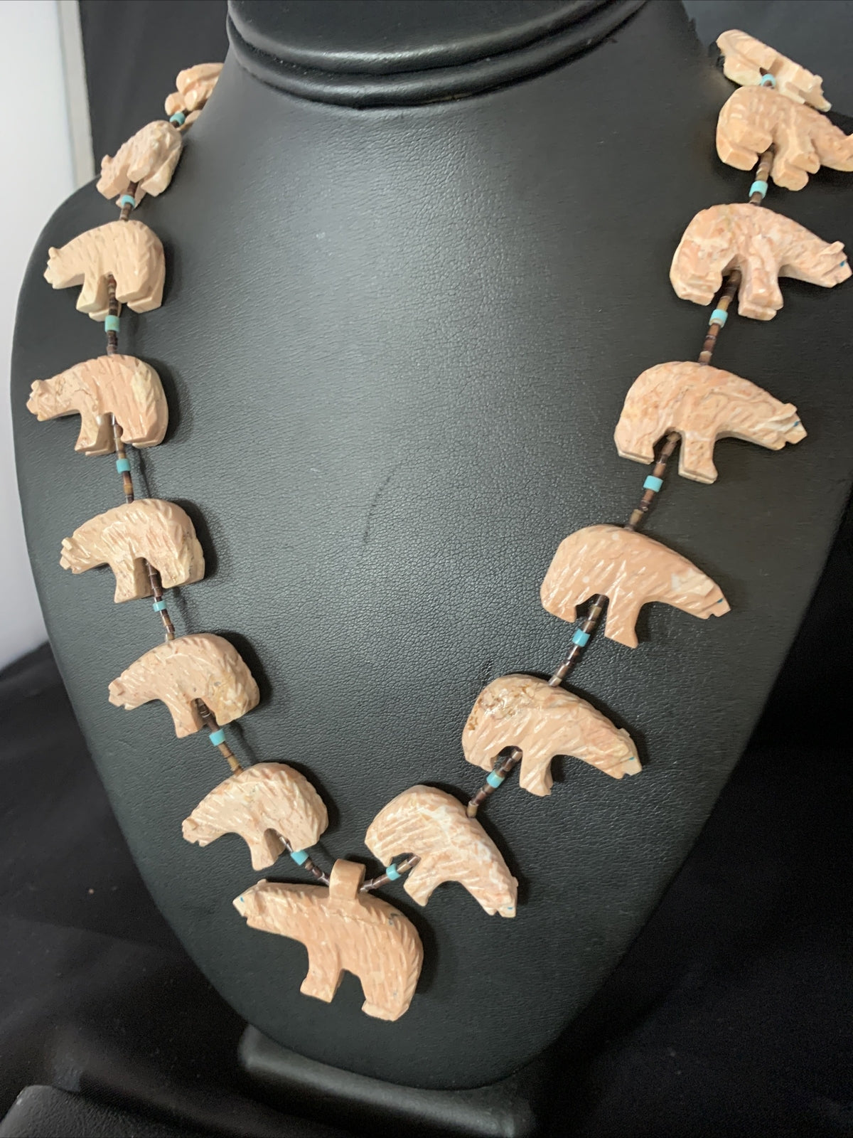 Bear Fetish Navajo Jasper Turquoise Sterling Silver Shell Necklace 28" 13419