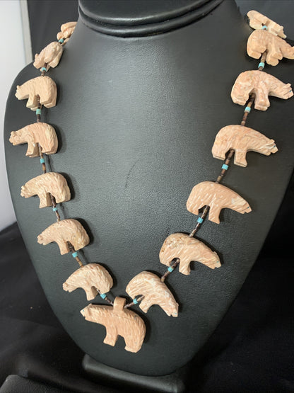 Bear Fetish Navajo Jasper Turquoise Sterling Silver Shell Necklace 28" 13419