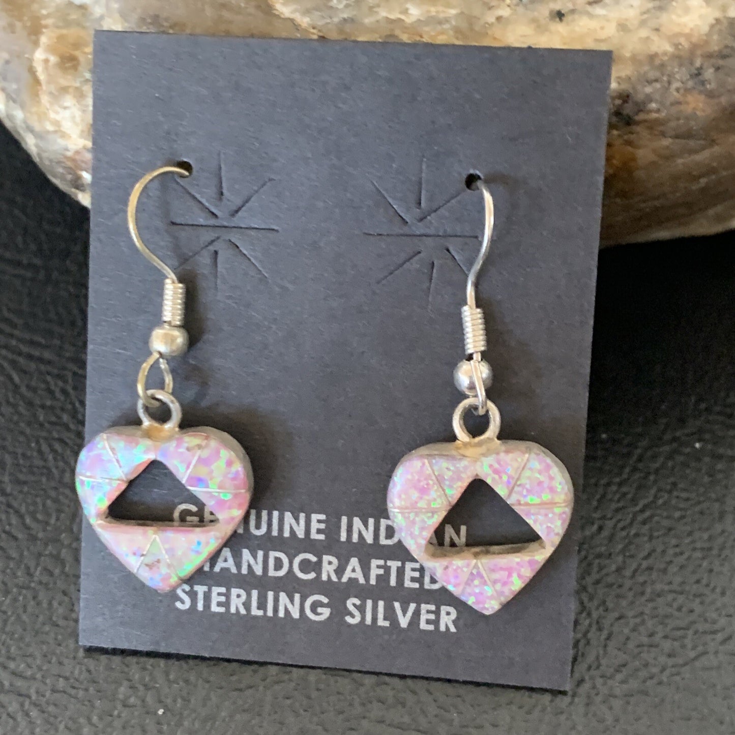 Womens Pink Opal Heart Inlay Navajo Sterling Silver Dangle Drop Earrings 12763