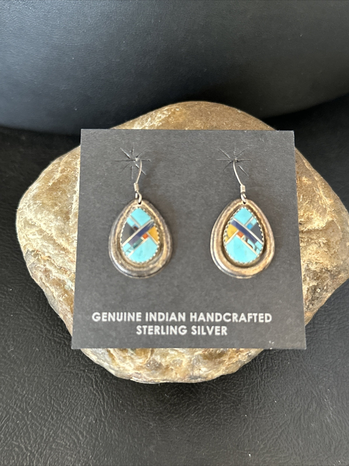 MultiColor Navajo Turquoise Spiny Oyster Inlay Sterling Silver Earrings 1" 14764