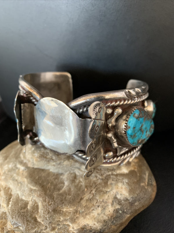 Men's Watch Navajo Blue Kingman Turquoise Cuff Bracelet | Sterling Silver | Authentic Native American Handmade | 01635