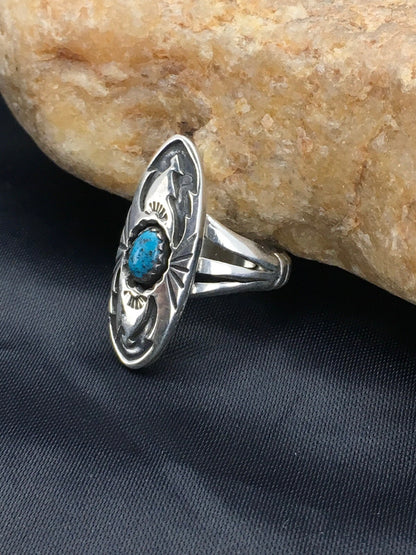Old Pawn Shadow Box Navajo Sterling Kingman Turquoise Ring Set5.75 2625