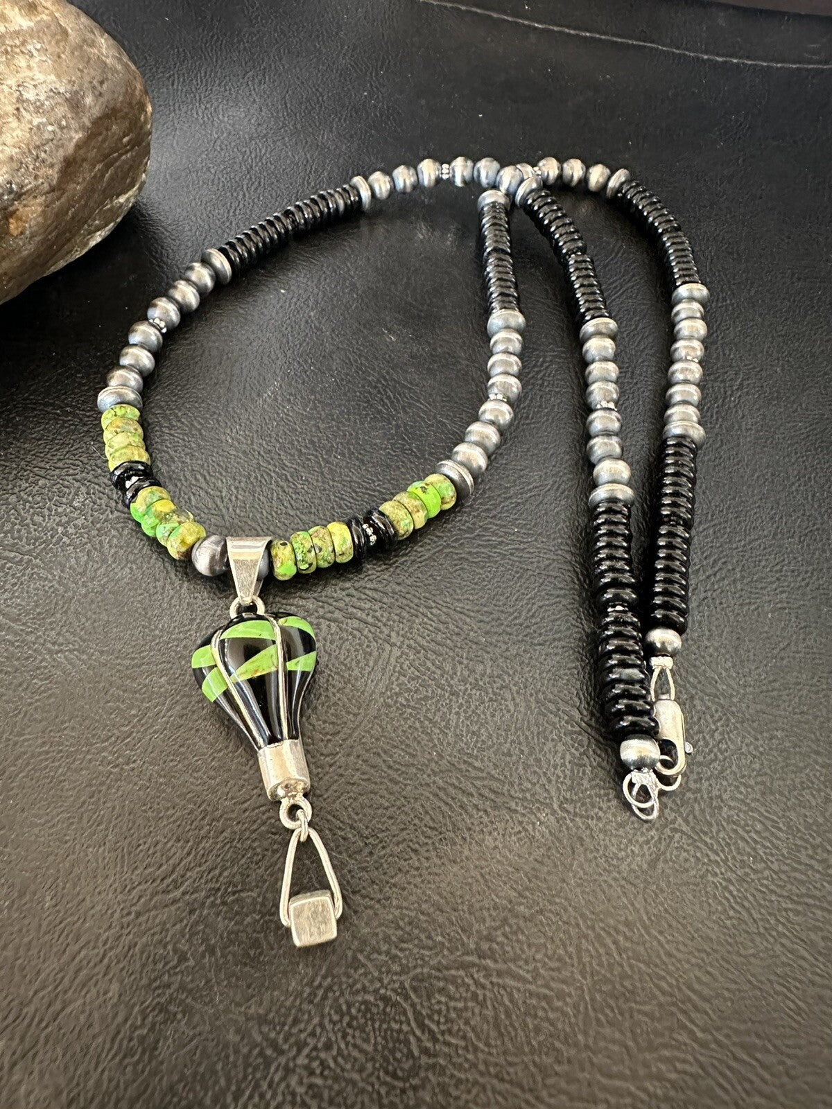 Balloon Green Turquoise Pendant Navajo Sterling Silver Necklace 22" 18342