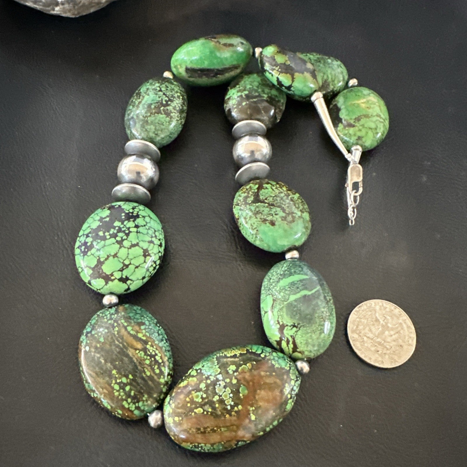 Green Turquoise Nugget Navajo Pearls Sterling Silver Necklace 19533