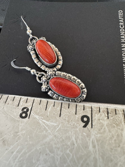 Handmade Red Coral Sterling Silver Navajo Dangle Earrings Yazzie 19534