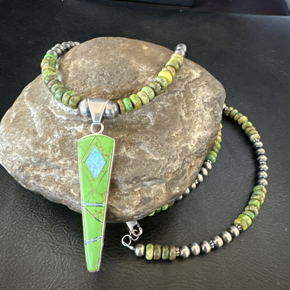 Womens Green Gaspeite Turquoise Opal Pendant Sterling Silver Necklace 19547