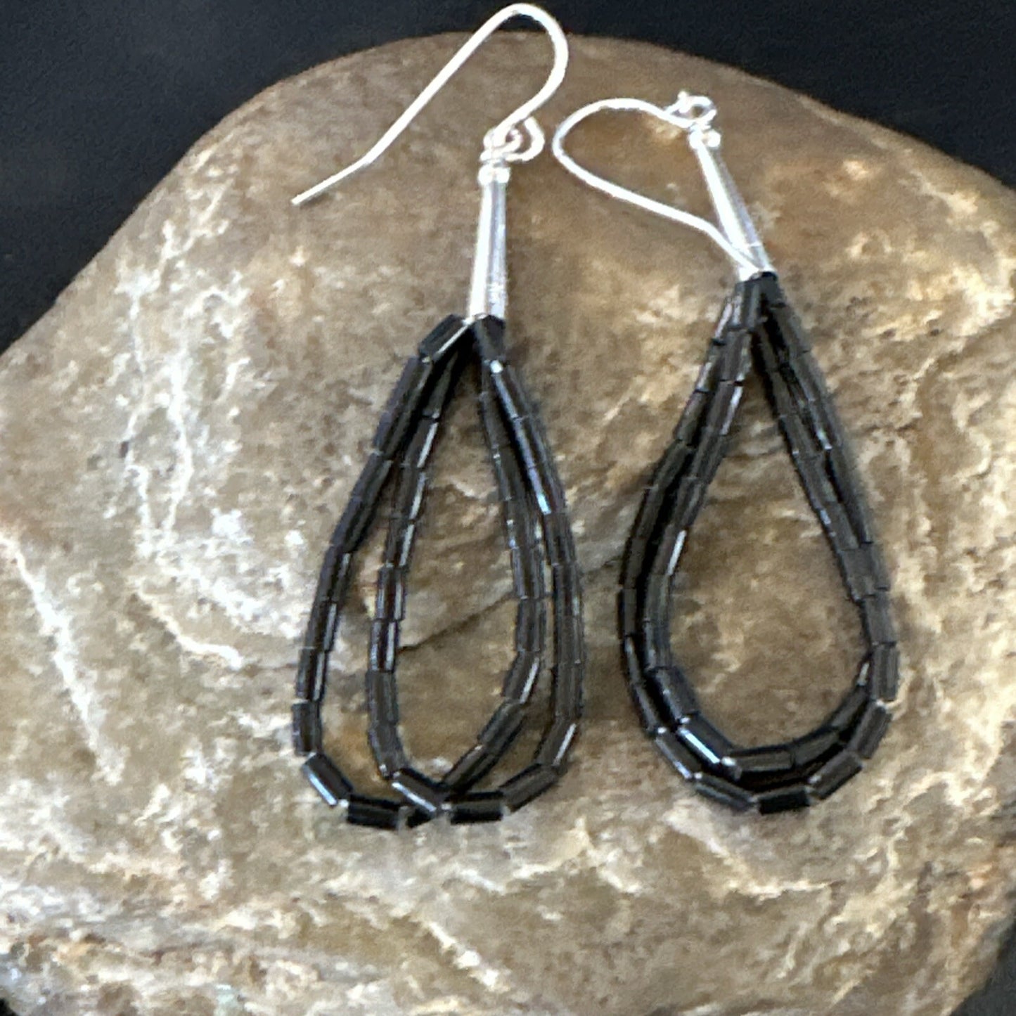 Black Onyx Heishi 2S Bead Southwestern Sterling Silver Earrings 2" 18177