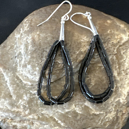 Black Onyx Heishi 2S Bead Southwestern Sterling Silver Earrings 2" 18177