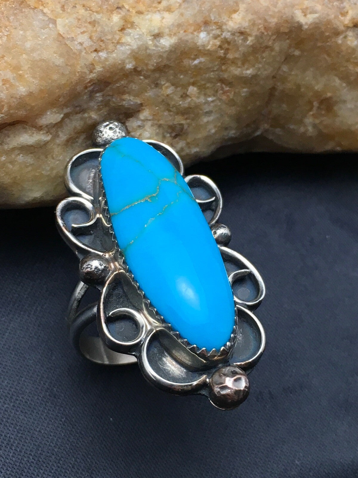 Mens Blue Turquoise Navajo Sterling Silver Ring Size 10.5 04055