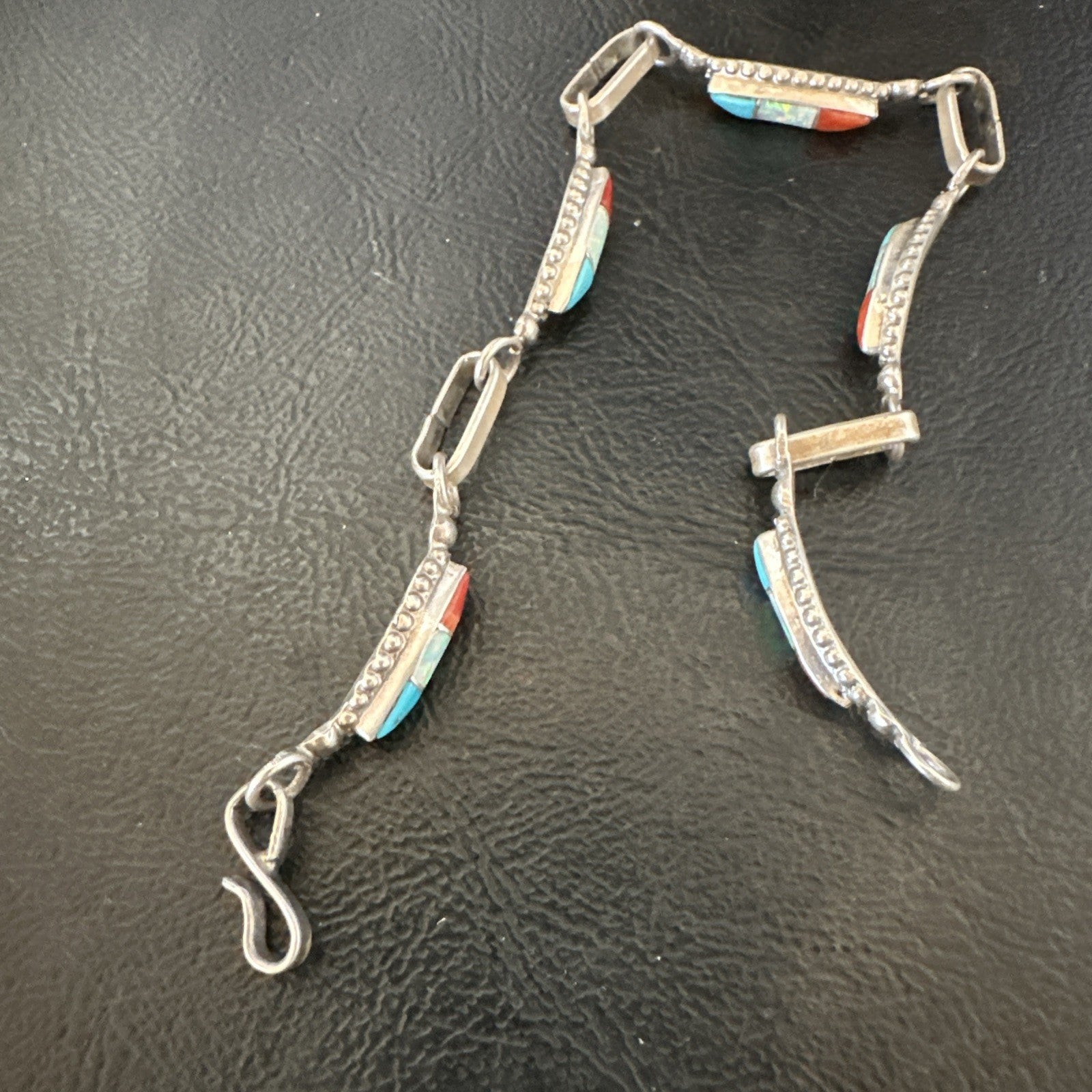 Women Oldpawn Turquoise Opal Coral Navajo Sterling Silver Link Bracelet 8” 19798