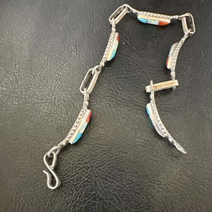 Women Oldpawn Turquoise Opal Coral Navajo Sterling Silver Link Bracelet 8” 19798