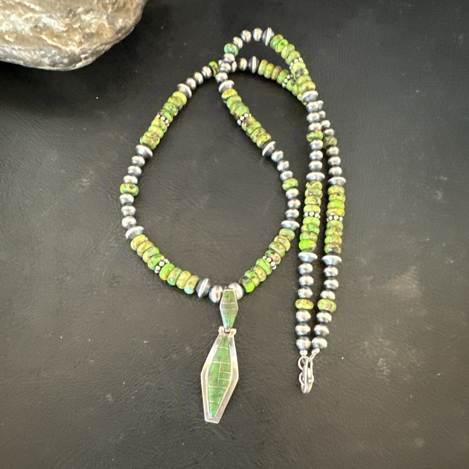 Womens Green Gaspeite Turquoise Pendant Navajo Sterling Silver Necklace 17881