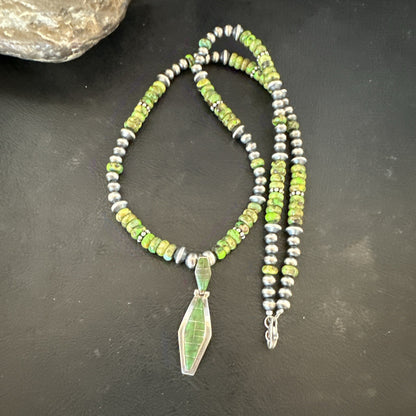 Womens Green Gaspeite Turquoise Pendant Navajo Sterling Silver Necklace 17881