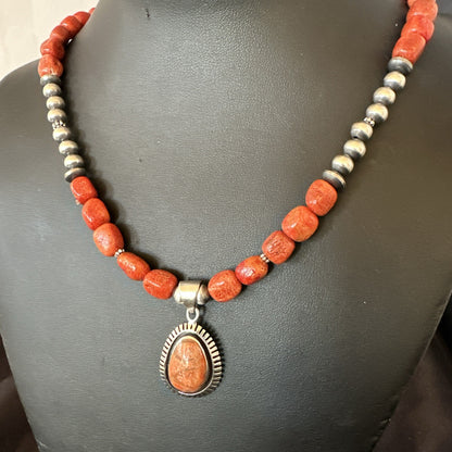 Navajo Pearls Apple Sponge Coral Sterling Silver Necklace Pendant 21” 18683